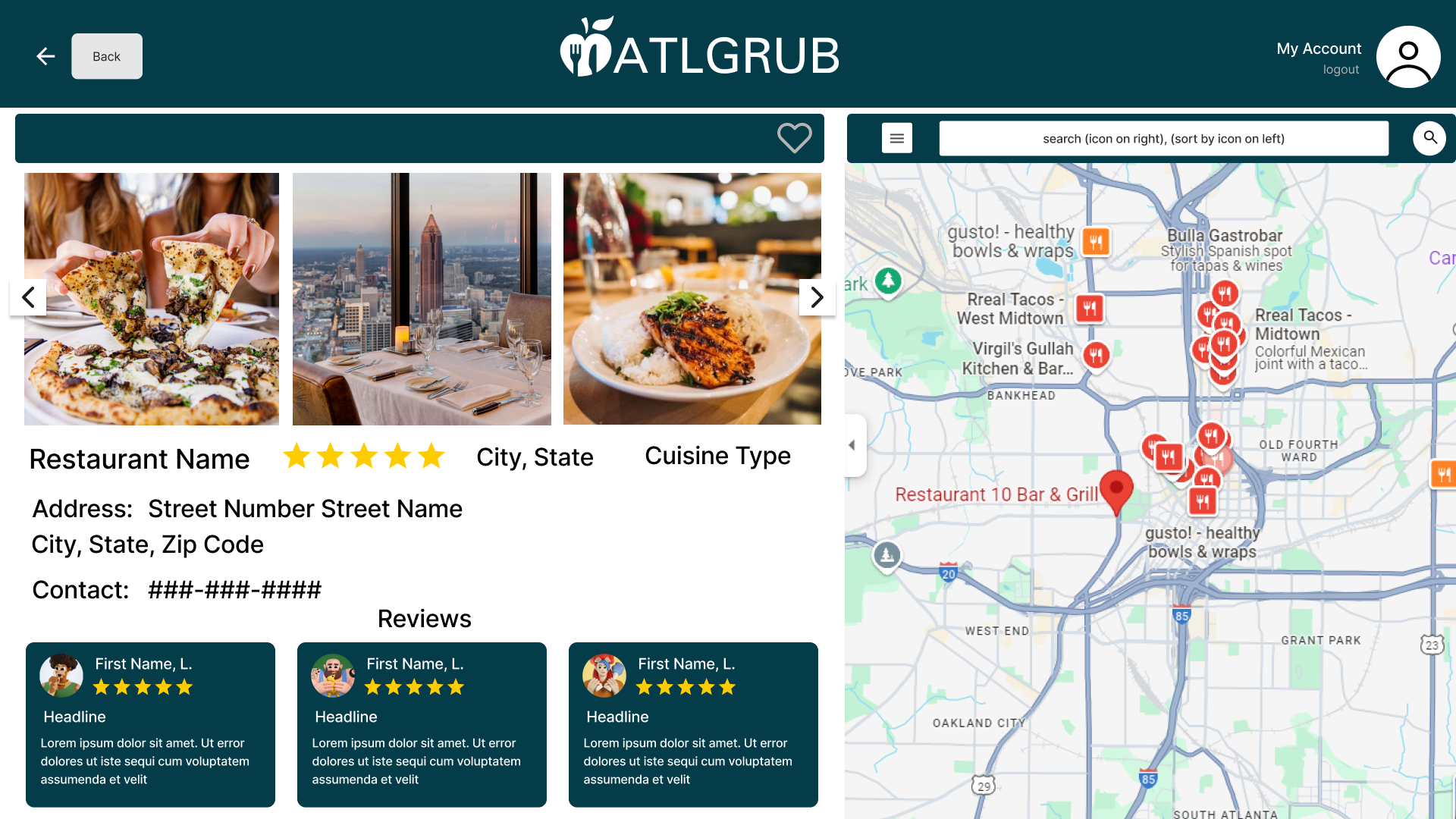 Map portion of ATLGrub’s Figma interface, showing Atlanta restaurant markers and map controls