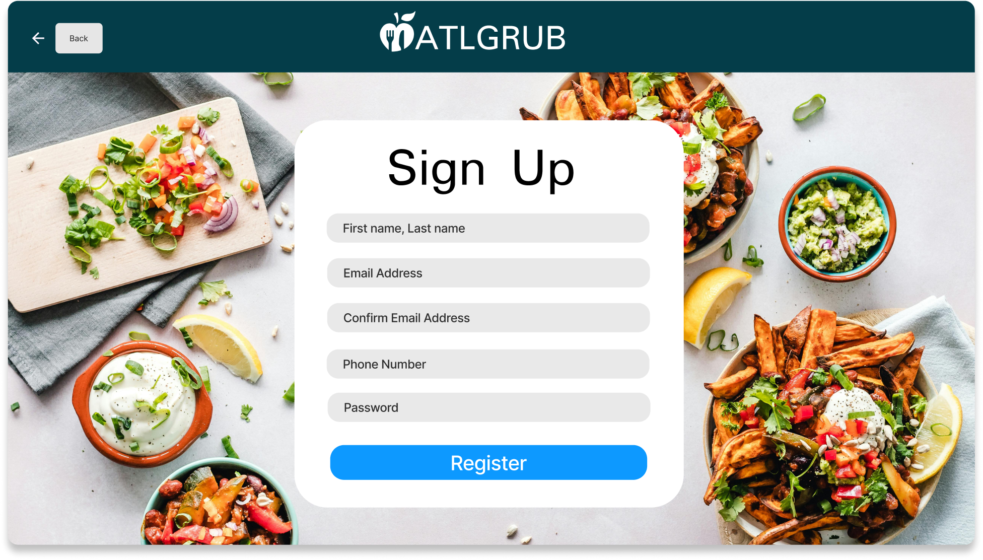 ATLGrub Figma registration screen in a desktop browser mockup