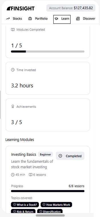 Selected Finsight low fidelity learning modules wireframe
