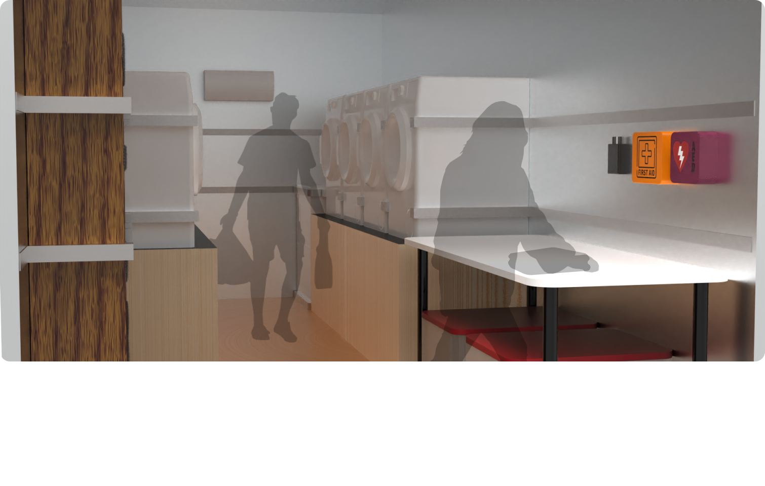 Human-scale interior render showing volunteers moving through the aisle and using the folding station