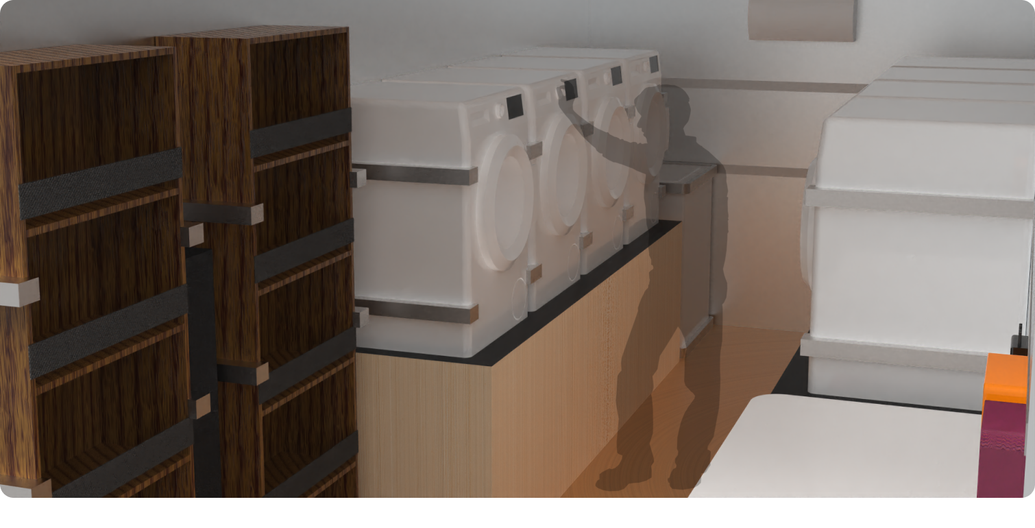 Human-scale interior render showing a volunteer reaching the laundry machines inside the truck