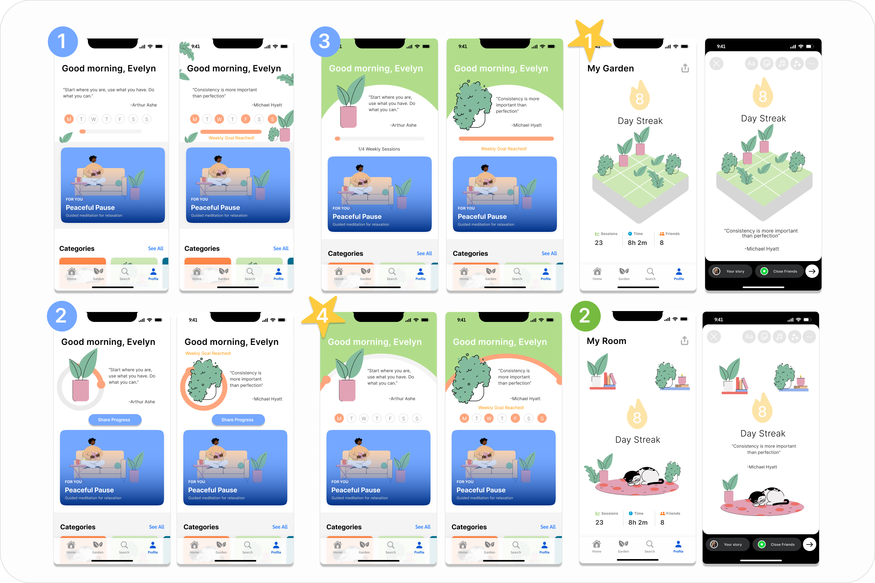 ZenOut numbered concept comparisons exploring weekly goals, progress indicators, light mode, and dark mode