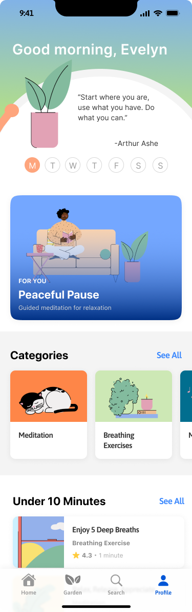 ZenOut Home with a growing plant and incomplete weekly goal, light mode