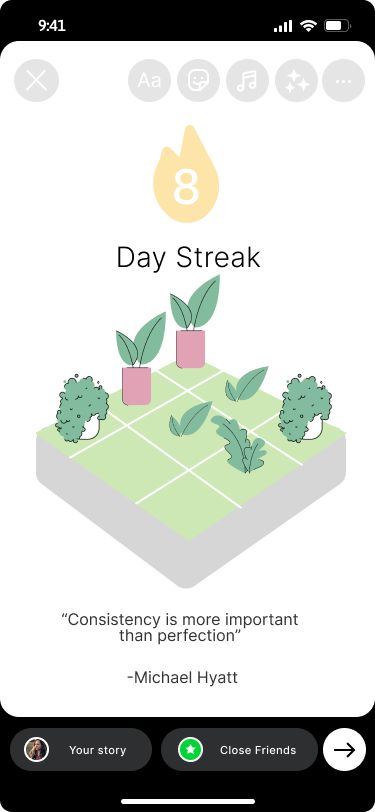 ZenOut social story preview with garden, quote, and sharing controls, light mode